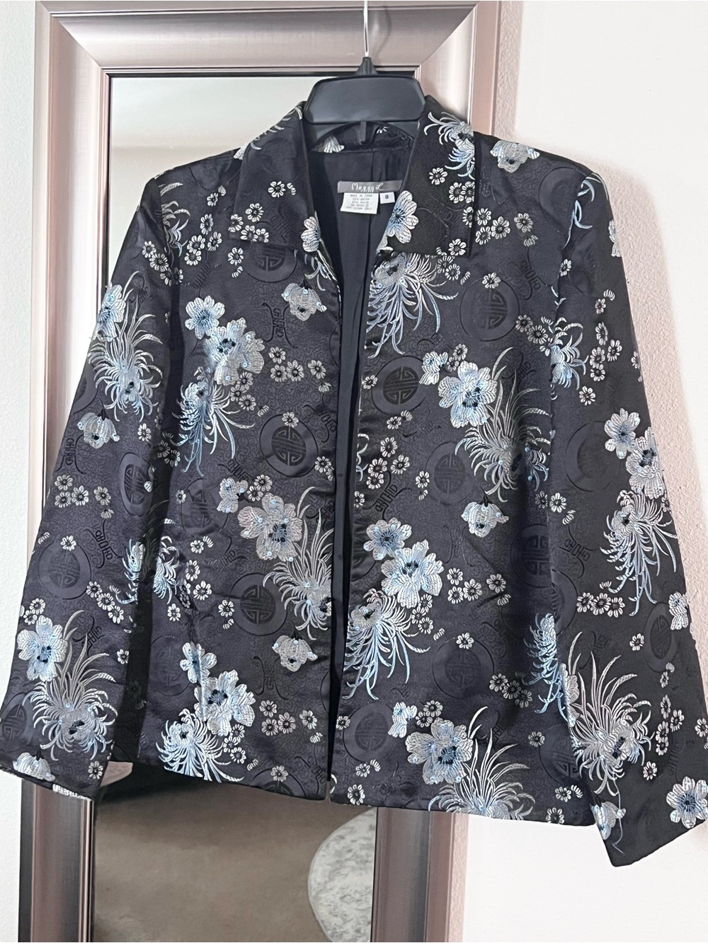 Maggy L Blue & White Floral Embroidered Black Jacket- Women